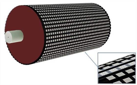 Square tile and rubber composite liner as ceramic pulley lagging.